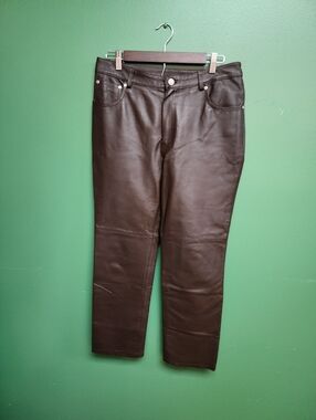 Newport News Brown Leather Pants Size 12 Petite Straight Leg Classic
